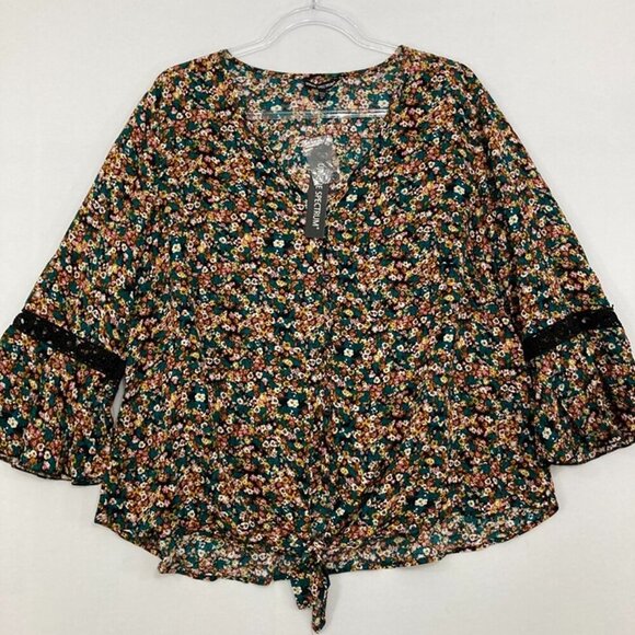 New Unique Spectrum size 1X Colorful Distsy Floral Tie Front Boho Button Down - Picture 1 of 10